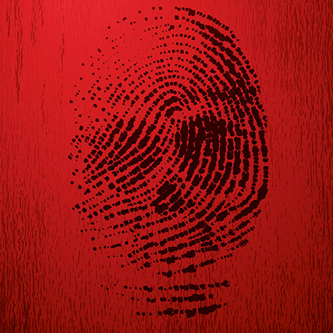 A thumb print up close, but from far away it is a skull.
