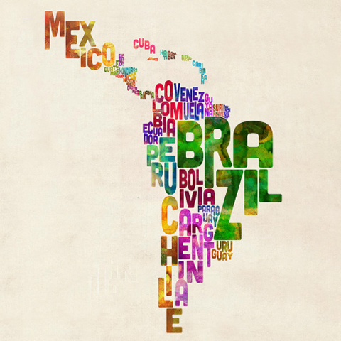 A map of South America made out of country names