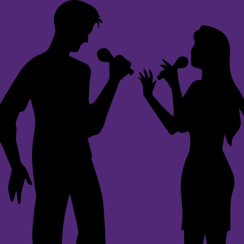 Silhouette of people singing with microphones
