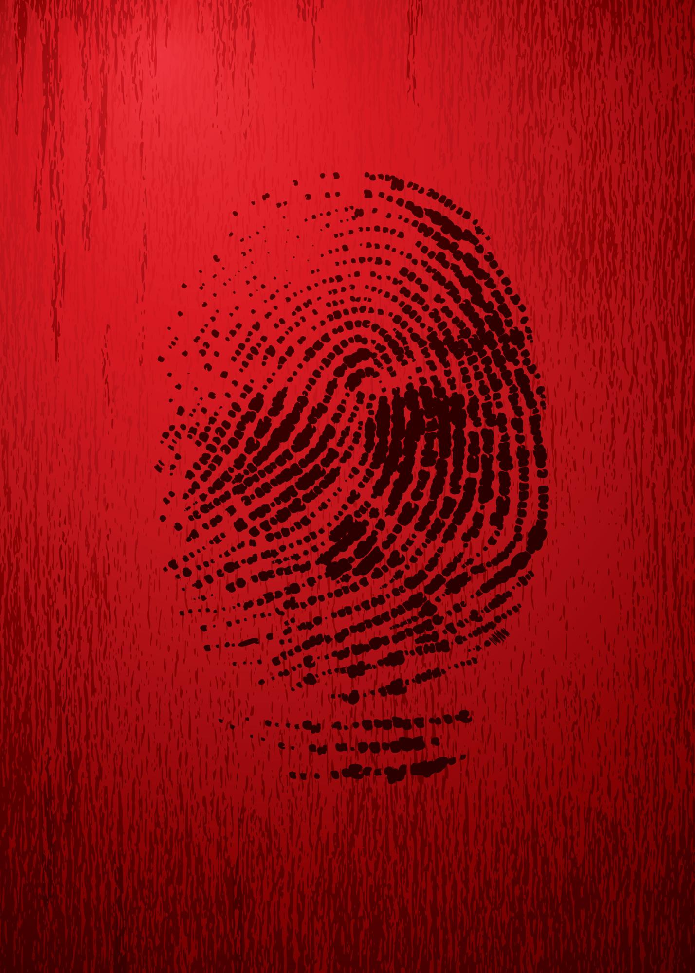 A black thumb print on a red background. 