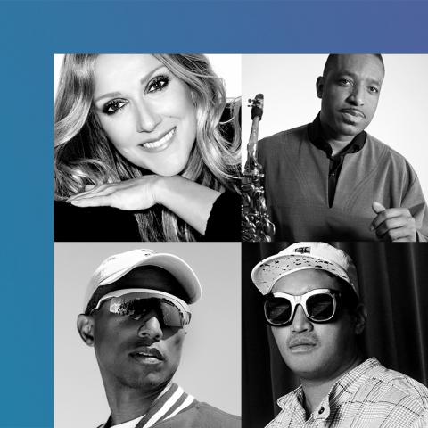headshots of Celine Dion, Donald Harrison, Pharrell Williams, and Chad Hugo