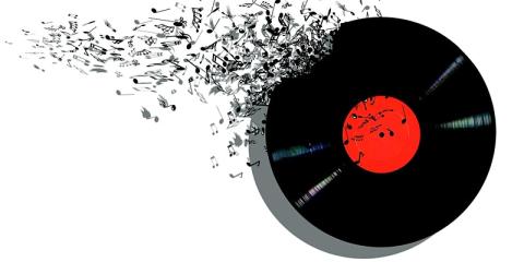 vinyl disk separating into musical notes