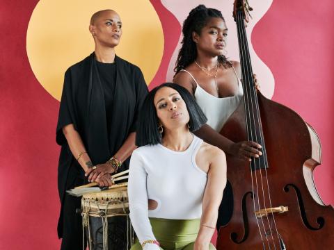 Jazz trio Nite Bjuti poses with an acoustic bass and a hand drum